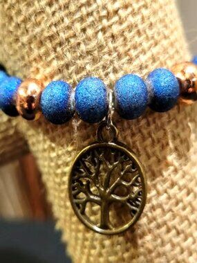 Dark Blue Lava Beads  with Gold Dividers Tree of Life Charm